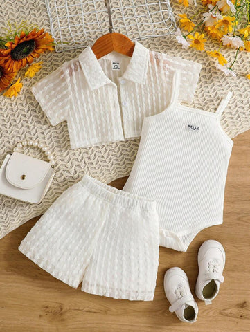 Baby Girls' Holiday Leisure Style Textured Fabric Short Sleeved Shirt + Shorts + Suspenders Romper