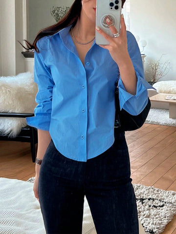 Women's Casual Solid Curved Hem Button Down Shirt