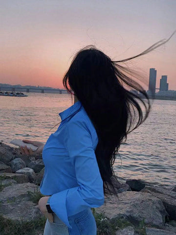 Women's Casual Solid Curved Hem Button Down Shirt