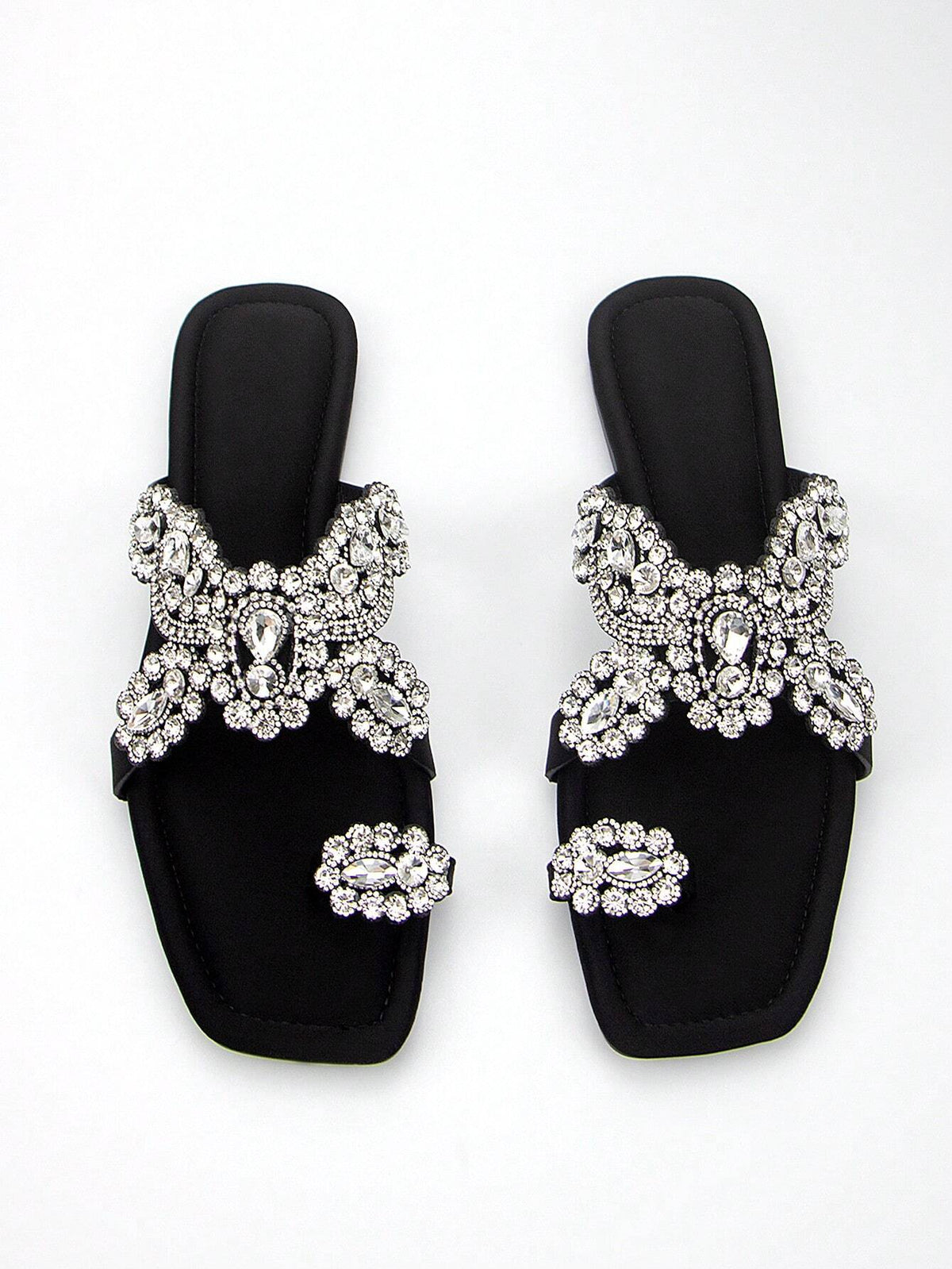 Women's Glamorous Style Rhinestone Flower Decoration Black Lycra Fabric Comfortable Square Toe Slip-On Flat Mules