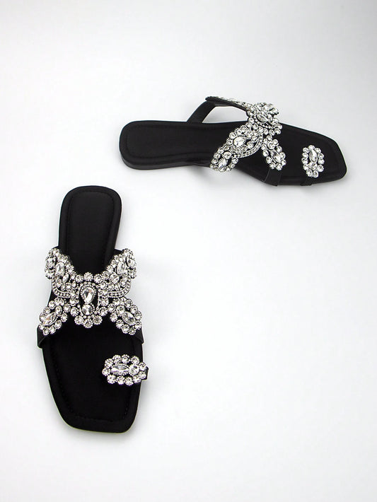 Women's Glamorous Style Rhinestone Flower Decoration Black Lycra Fabric Comfortable Square Toe Slip-On Flat Mules