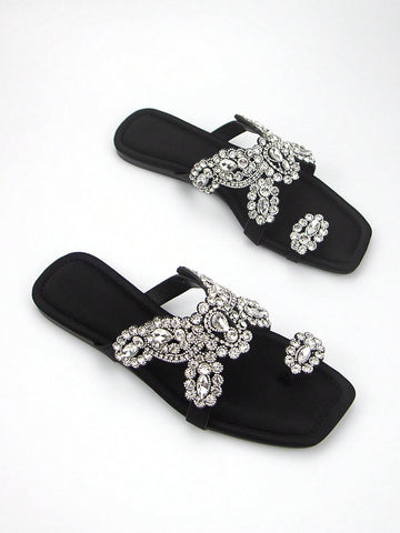 Women's Glamorous Style Rhinestone Flower Decoration Black Lycra Fabric Comfortable Square Toe Slip-On Flat Mules