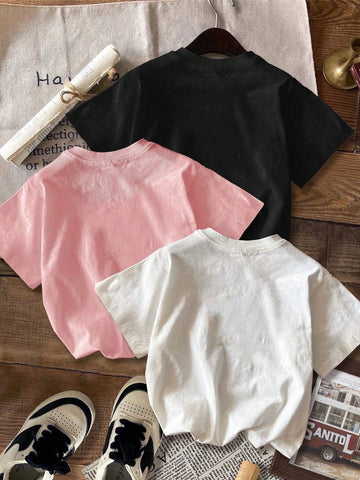 3pcs California Letter Graphic Round Neck Short Sleeve Cropped T-Shirt