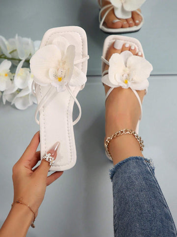 French Style Floral Strap Flat Slide Sandals