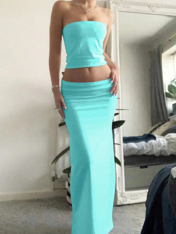 EZwear Ladies' Solid Color Simple Daily Strapless Top And Skirt