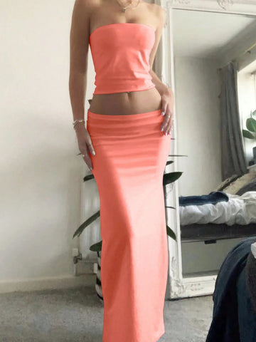 EZwear Ladies' Solid Color Simple Daily Strapless Top And Skirt