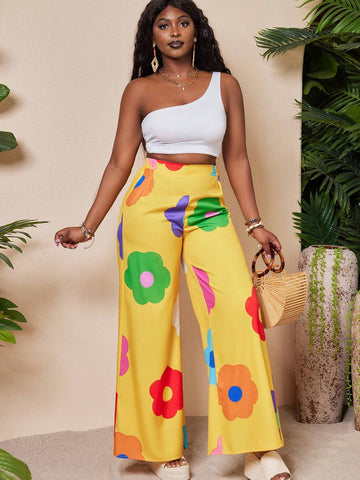 Slayr Summer Casual Vacation Colorful Flower All-Over Printed Wide-Leg Pants