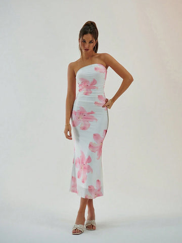 Aloruh American-Style Gradient Mesh Print Strapless Bodycon Dress