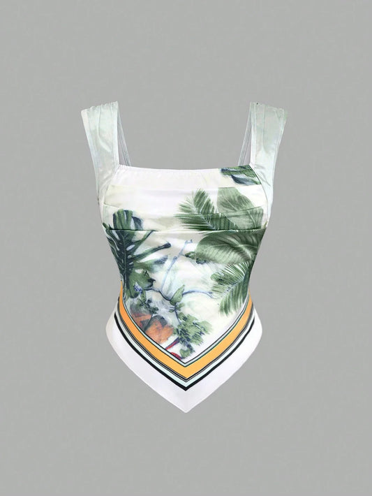 MOD Women's Summer Tropical Plant Print Asymmetrical Hem Camisole Tank Top