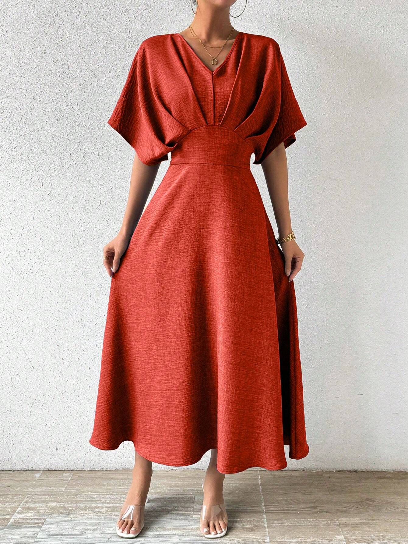 Priv� V-Neck Pleated Batwing Sleeve Dress