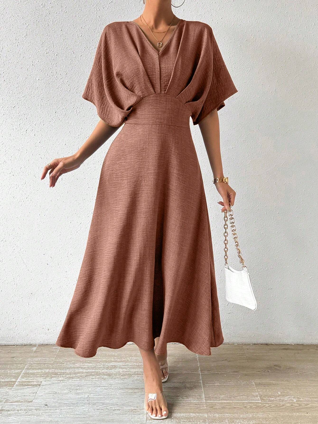 Priv� V-Neck Pleated Batwing Sleeve Dress
