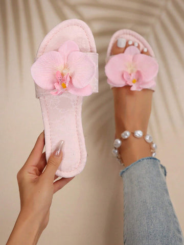 French Style Floral Strap Flat Slide Sandals