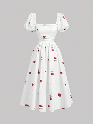 MOD Base Rose Flower Puff Sleeve Chest Ruched Waist Cinched Dress