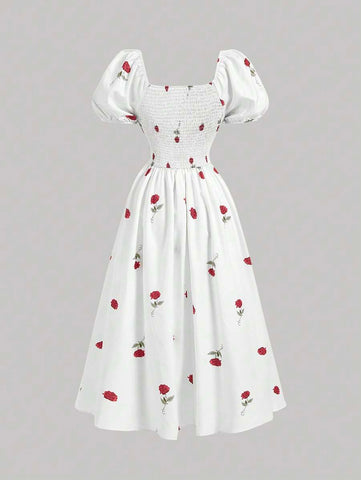 MOD Base Rose Flower Puff Sleeve Chest Ruched Waist Cinched Dress