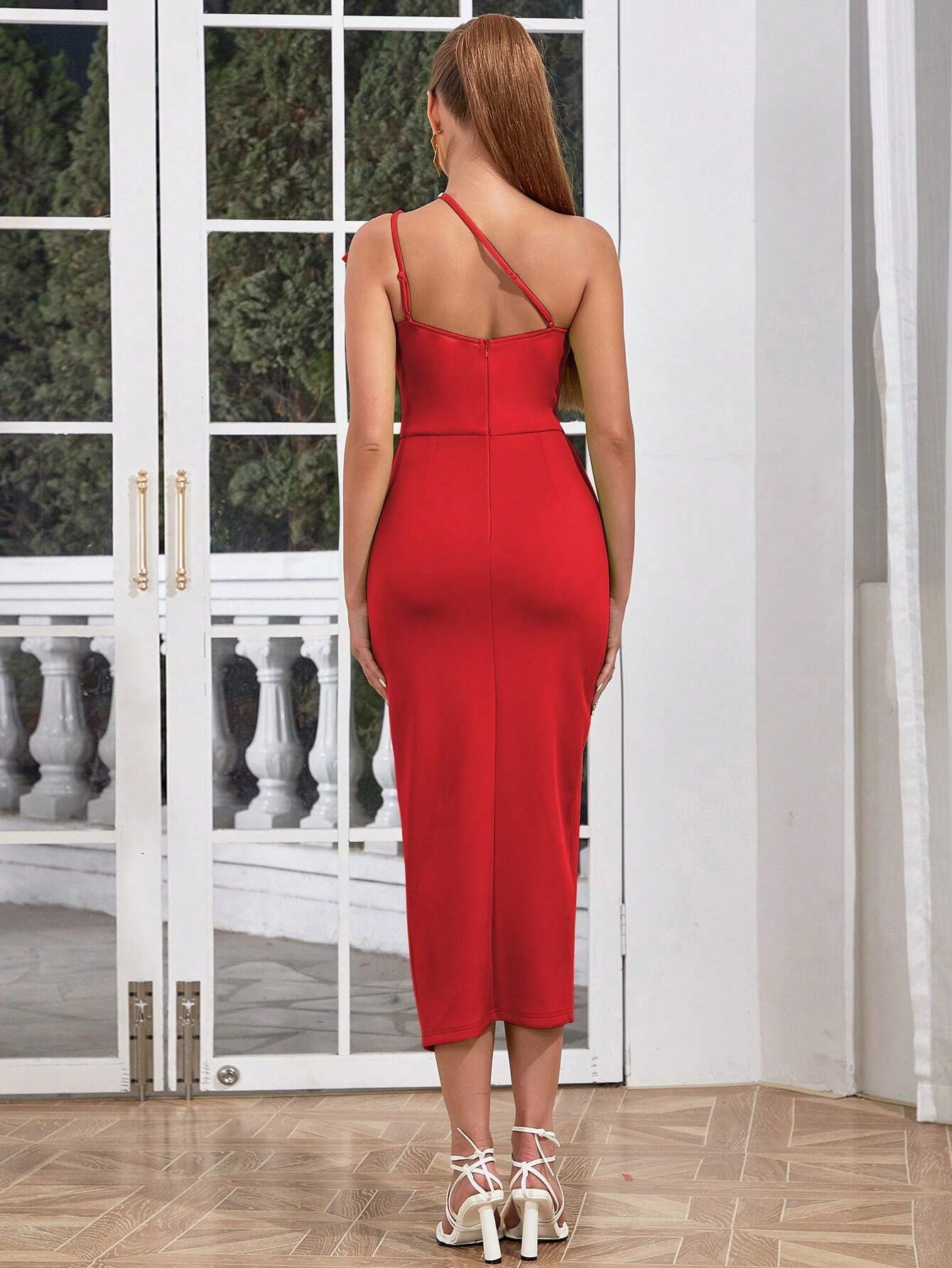 Sexy Sling Oblique Shoulder V-Neck Lotus Leaf Shoulder Pleated High Slit Dress