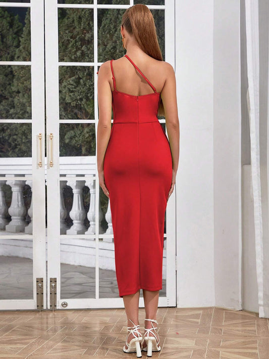 Sexy Sling Oblique Shoulder V-Neck Lotus Leaf Shoulder Pleated High Slit Dress