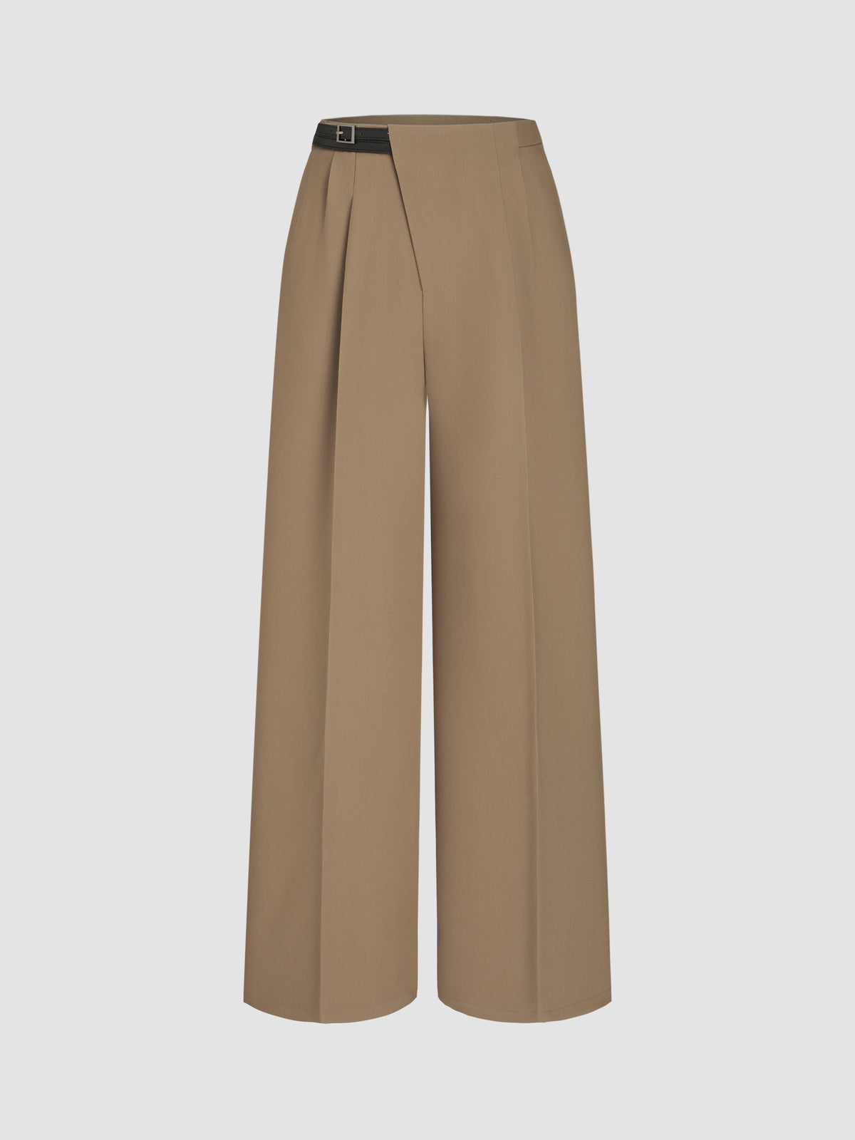 Petite Mid Rise Solid Belted Straight Leg Trousers