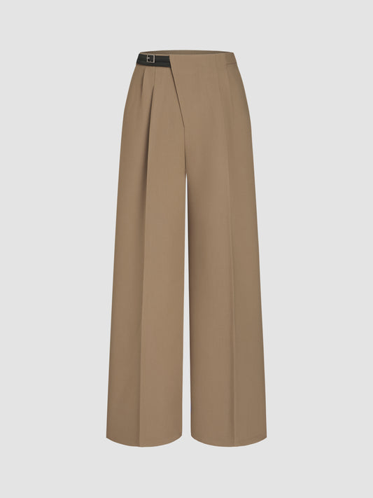 Petite Mid Rise Solid Belted Straight Leg Trousers