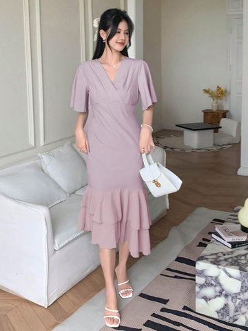 DAZY Solid Surplice Neck Butterfly Sleeve Ruched Ruffle Hem Dress