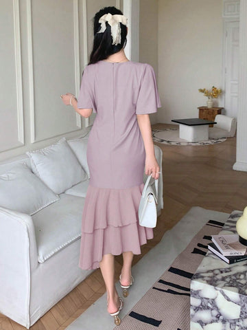 DAZY Solid Surplice Neck Butterfly Sleeve Ruched Ruffle Hem Dress