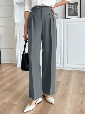 Solid Color Buttoned Straight Leg Regular Fit Casual Pants