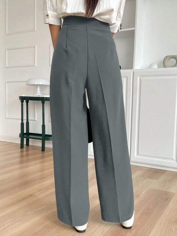 Solid Color Buttoned Straight Leg Regular Fit Casual Pants