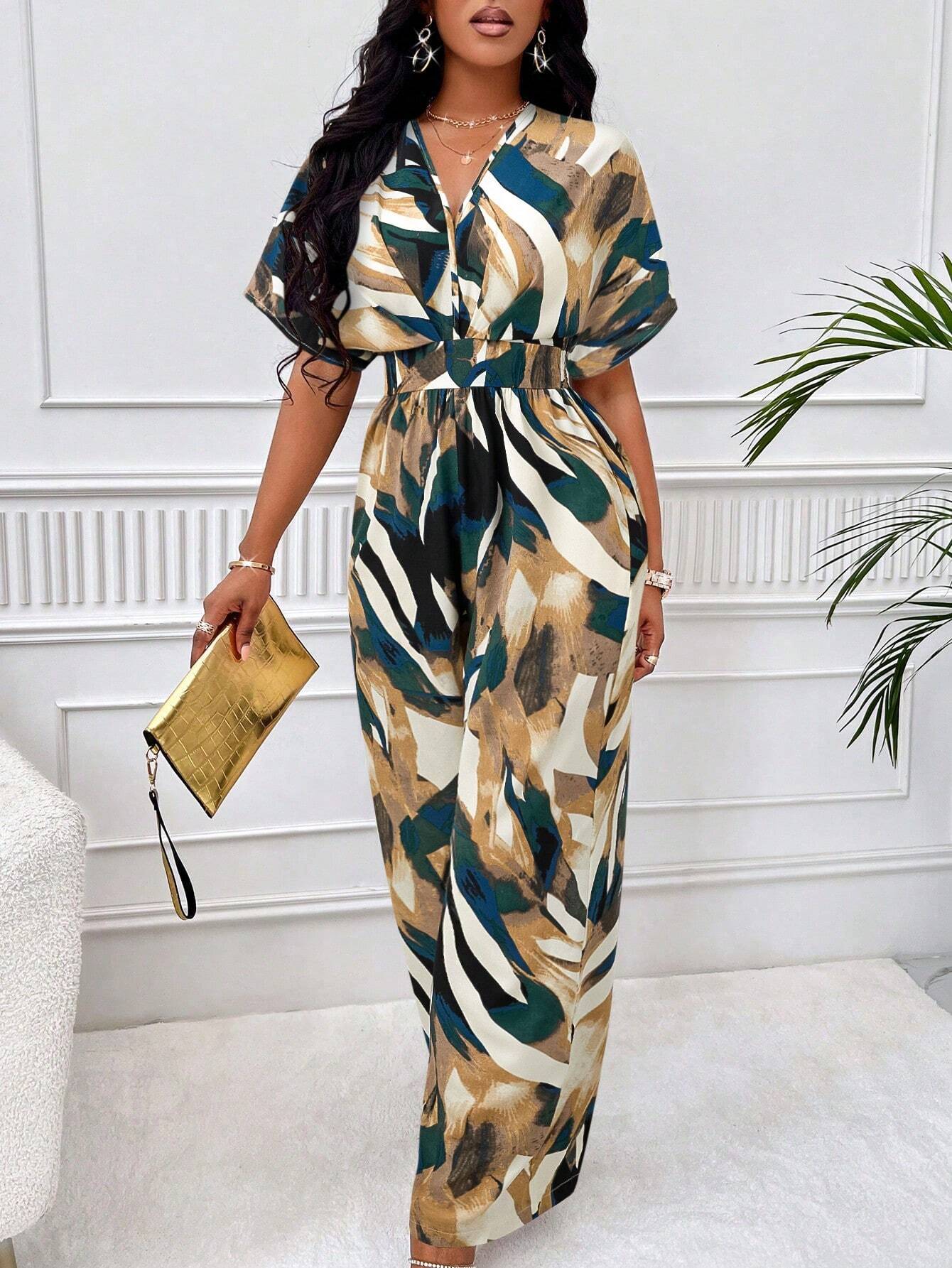 Lyxana Allover Print Batwing Sleeve Shirt Jumpsuit