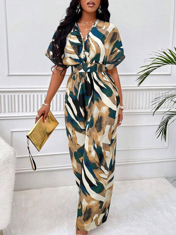 Lyxana Allover Print Batwing Sleeve Shirt Jumpsuit
