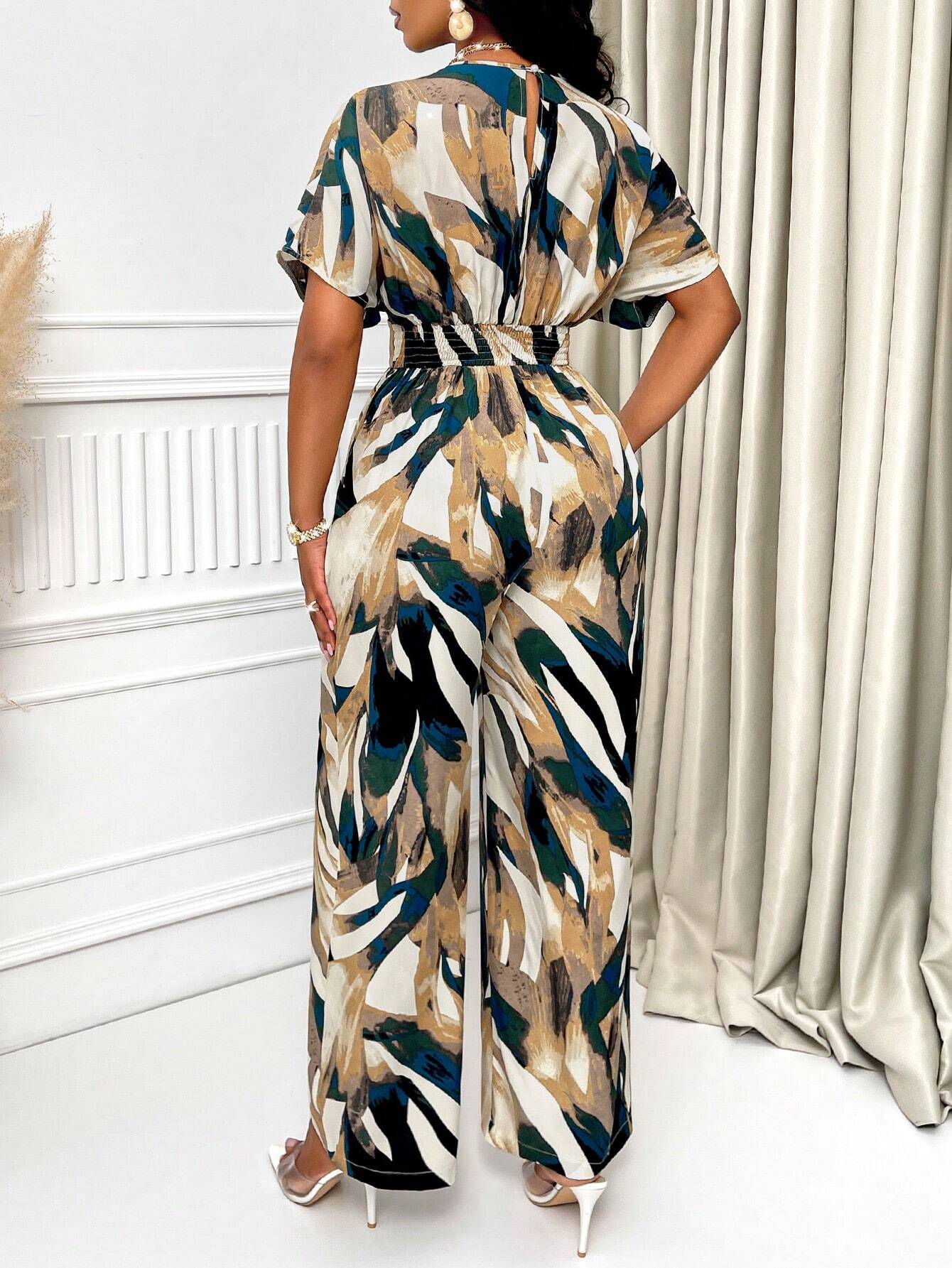 Lyxana Allover Print Batwing Sleeve Shirt Jumpsuit