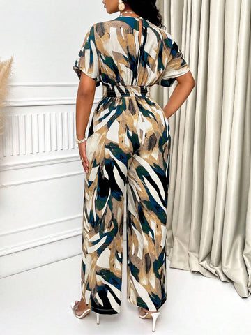 Lyxana Allover Print Batwing Sleeve Shirt Jumpsuit
