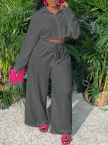 Slayr Casual Loose White Long Sleeve Cropped Shirt Top And Wide Leg Pants