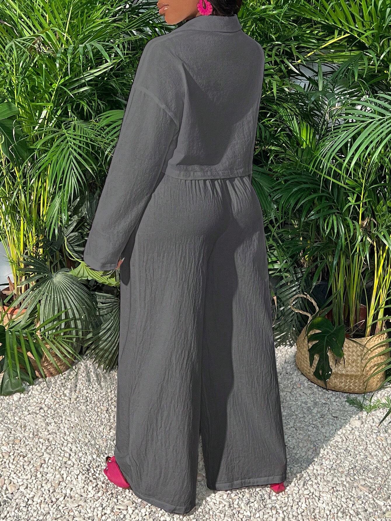 Slayr Casual Loose White Long Sleeve Cropped Shirt Top And Wide Leg Pants