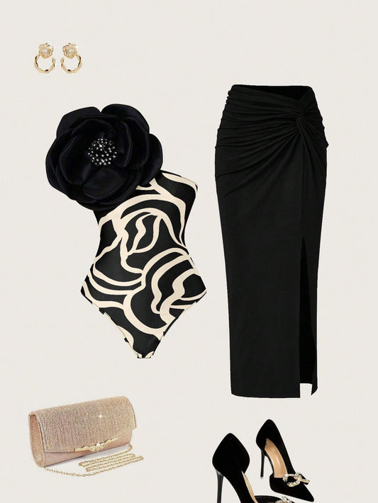 Priv� Stereo Flower Decorated Bodysuit & Twist Front Split Thigh Skirt