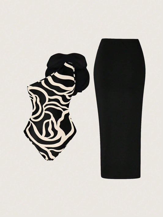 Priv� Stereo Flower Decorated Bodysuit & Twist Front Split Thigh Skirt