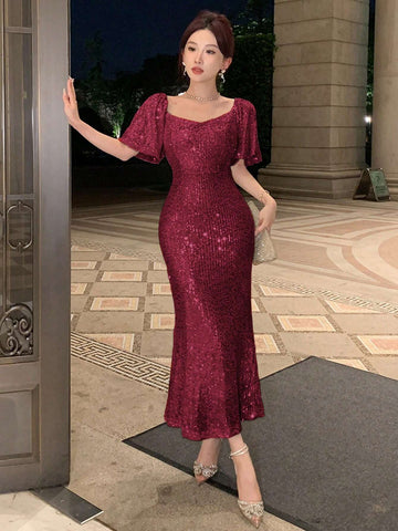 DAZY Women's Fashionable Solid Color Glitter Short Sleeve Dress