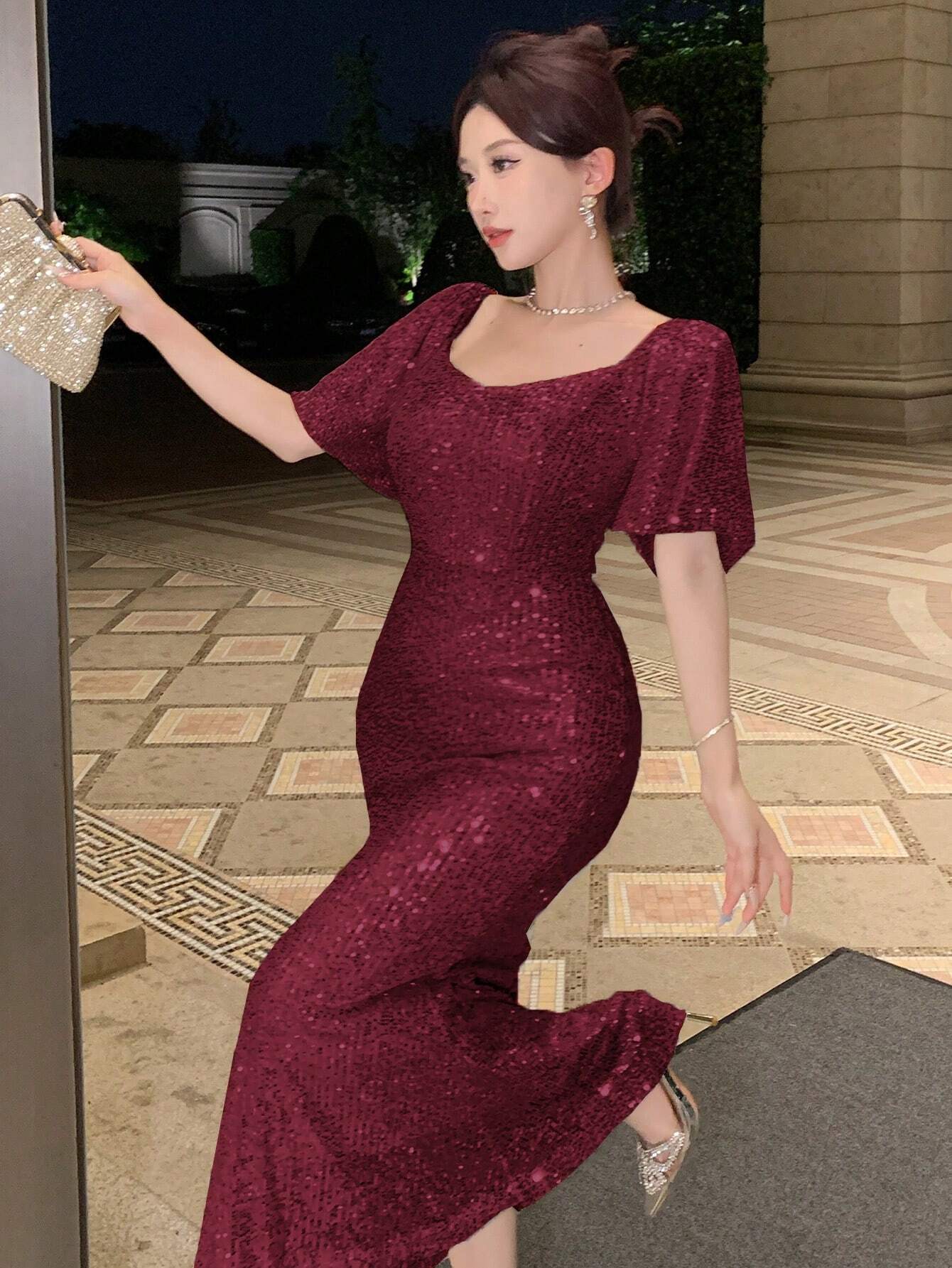 DAZY Women's Fashionable Solid Color Glitter Short Sleeve Dress