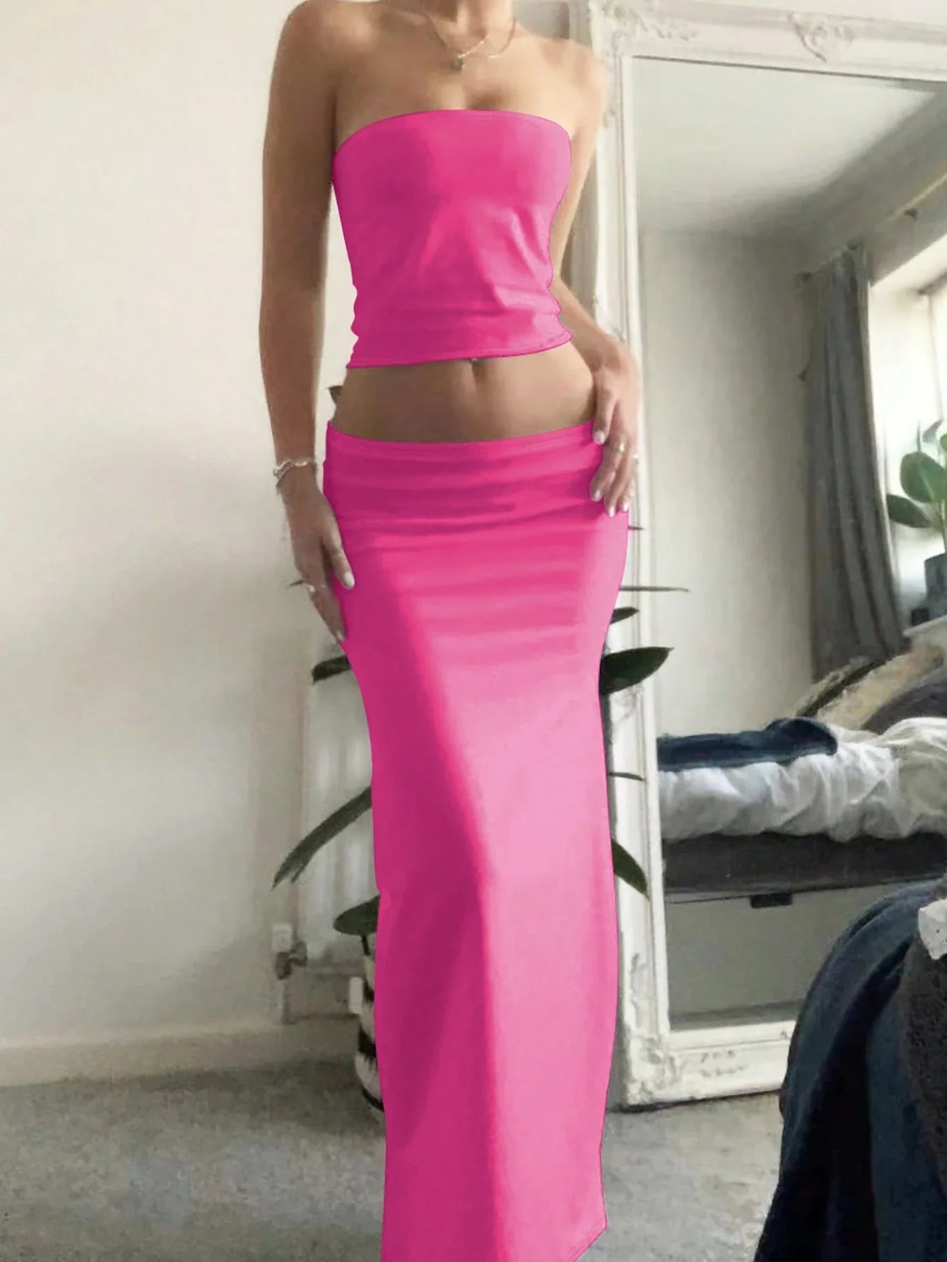 EZwear Ladies' Solid Color Simple Daily Strapless Top And Skirt