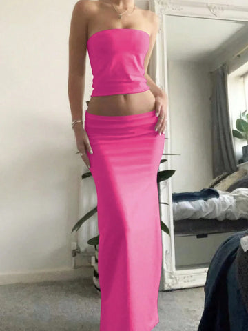 EZwear Ladies' Solid Color Simple Daily Strapless Top And Skirt