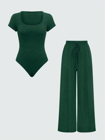 EZwear Plain Color Asymmetric Hem Top And Pants Two Piece Set