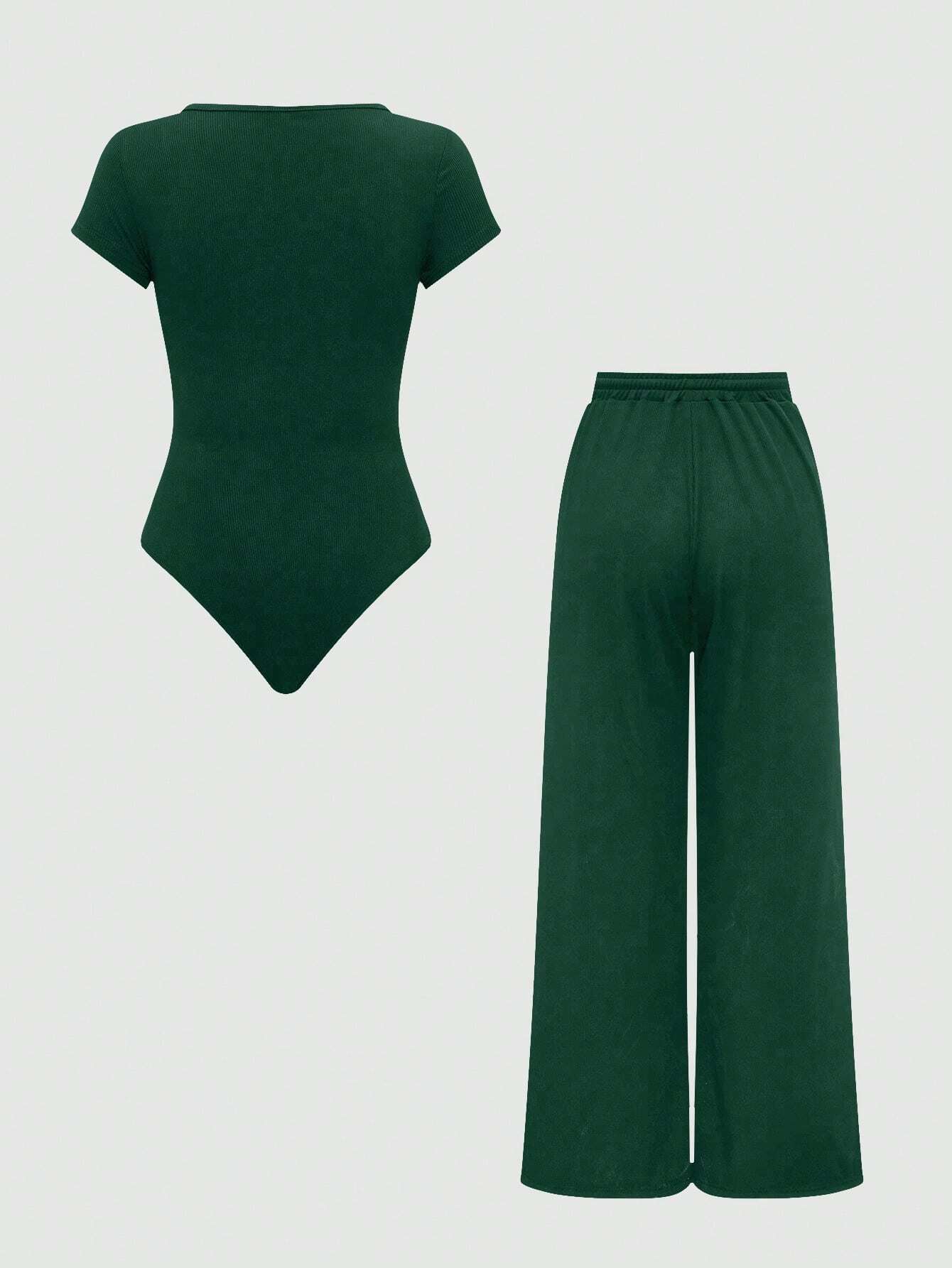 EZwear Plain Color Asymmetric Hem Top And Pants Two Piece Set