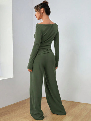 EZwear Knitted Women's Slim Fit Boat Neck Long Sleeve Top And Wide Leg Pants Set