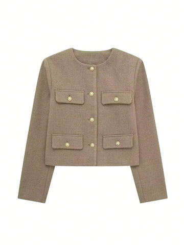 Women's Elegant Casual Tweed Jacket Round Neckline Decorated Long Sleeves Solid Colour Coat