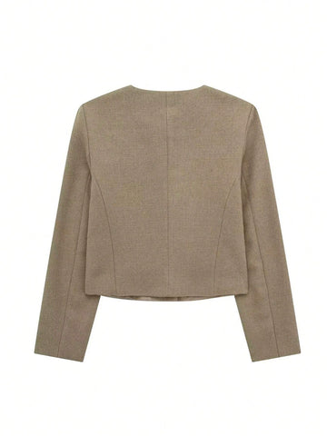 Women's Elegant Casual Tweed Jacket Round Neckline Decorated Long Sleeves Solid Colour Coat