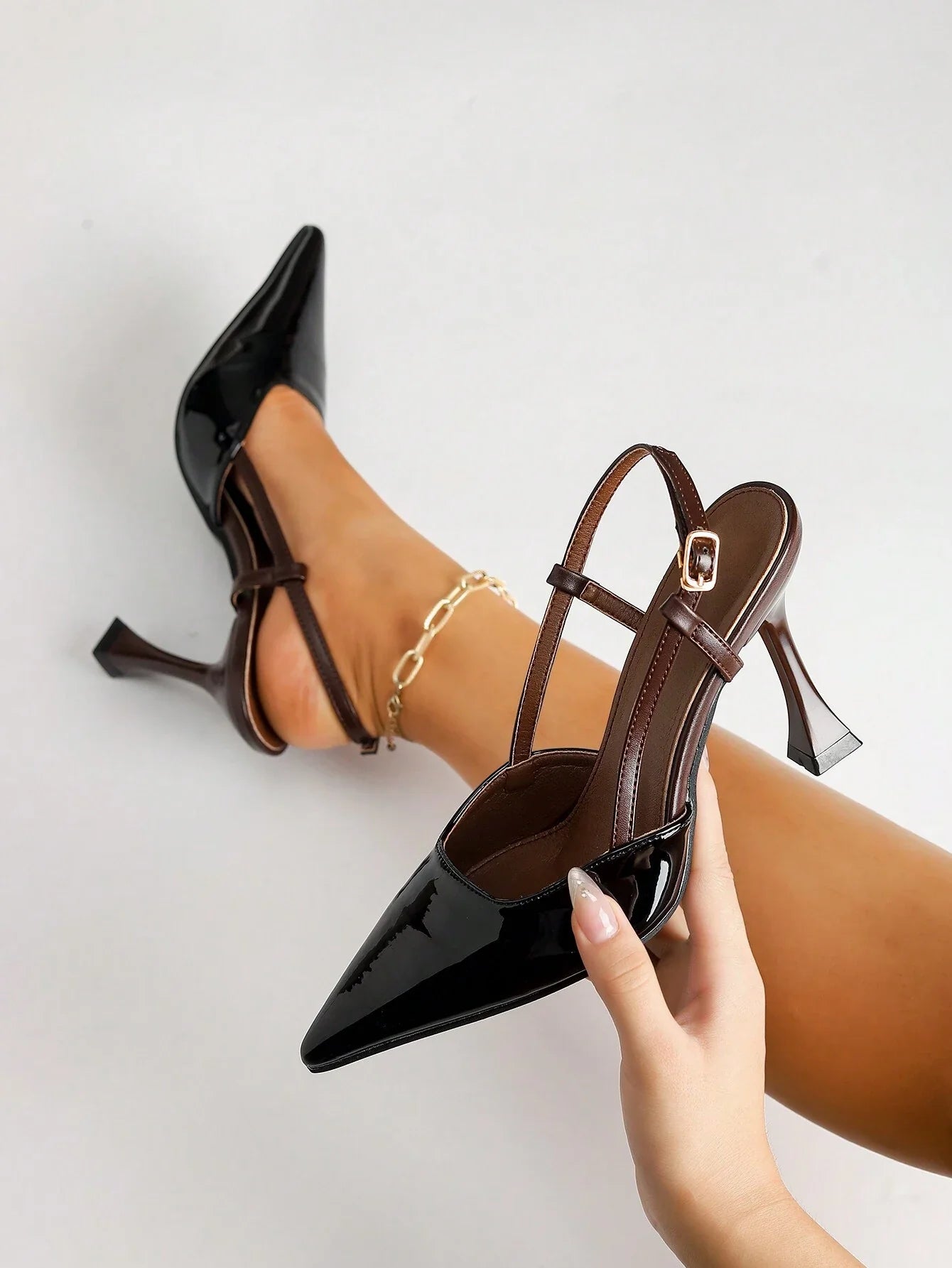 Women's Pointed Toe Patent Leather Elegant Strap Decoration High Heel Shoes