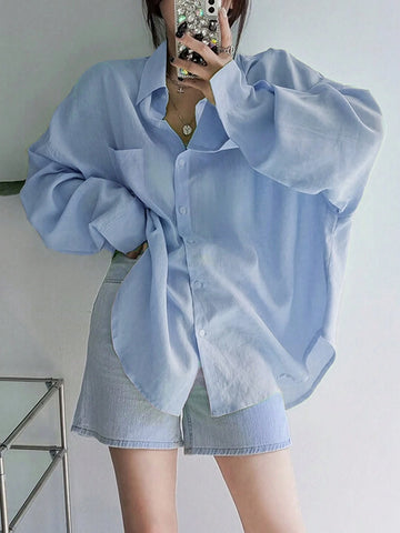 Women's Solid Color Single Breasted Asymmetrical Hem Super Loose Shirt