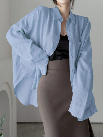 Women's Solid Color Single Breasted Asymmetrical Hem Super Loose Shirt