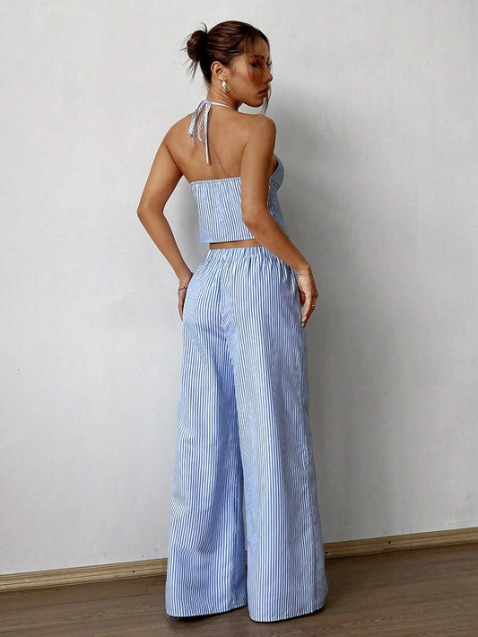Flirla Striped Tank Top & Elastic Straight Leg Pants