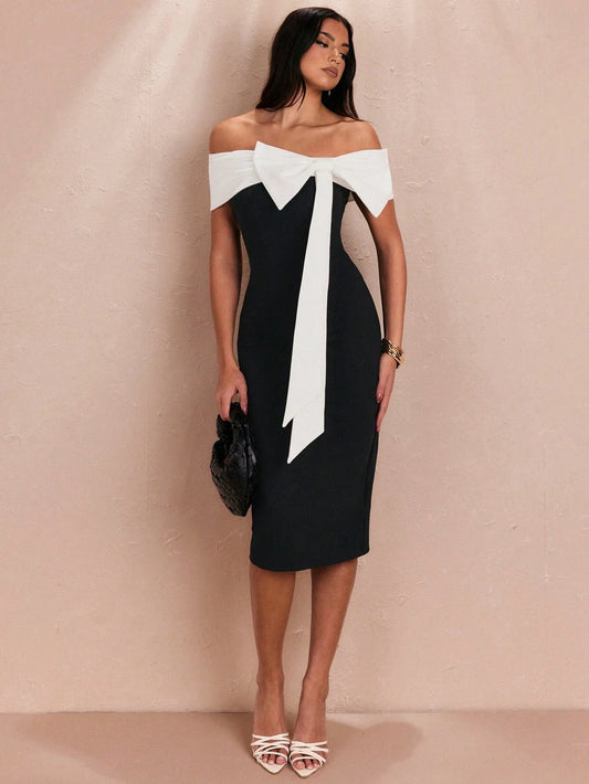 BAE Summer Romantic Date/Commute Plain Color Black/White Sexy Elegant Off-Shoulder Large Bow Decorated Women's Midi Dress