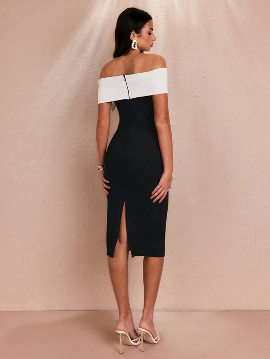 BAE Summer Romantic Date/Commute Plain Color Black/White Sexy Elegant Off-Shoulder Large Bow Decorated Women's Midi Dress