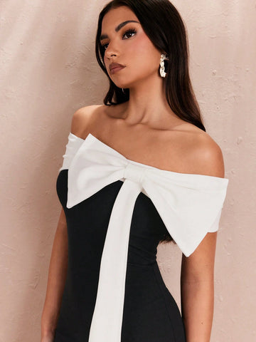 BAE Summer Romantic Date/Commute Plain Color Black/White Sexy Elegant Off-Shoulder Large Bow Decorated Women's Midi Dress